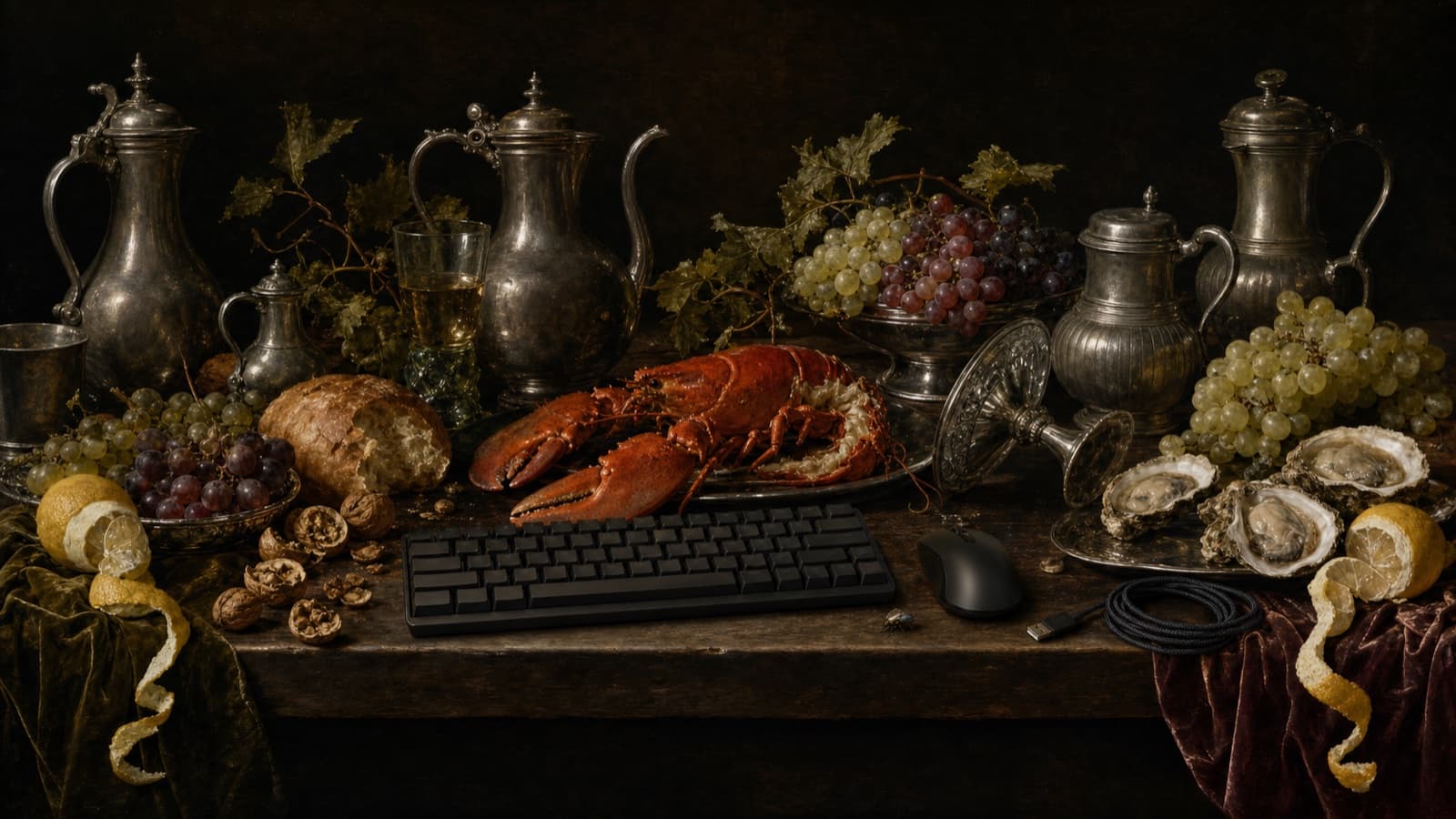 A 17th-century Dutch still life oil painting of lobster, pewter and fruit, with a modern mechanical keyboard and mouse among the objects